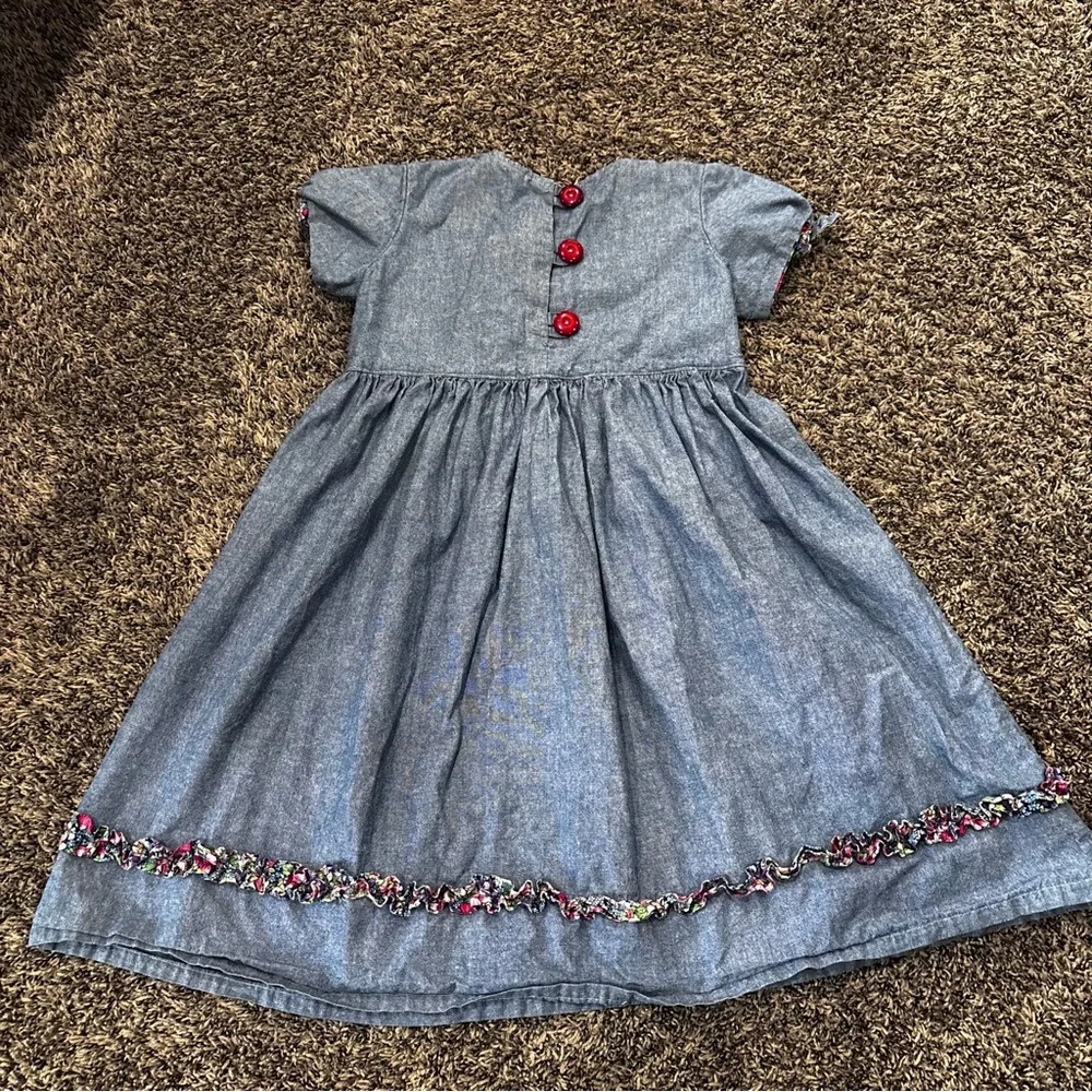 Handmade Girls Denim Blue Cat Dress Size 5/6 Floral Bow Puff Sleeves